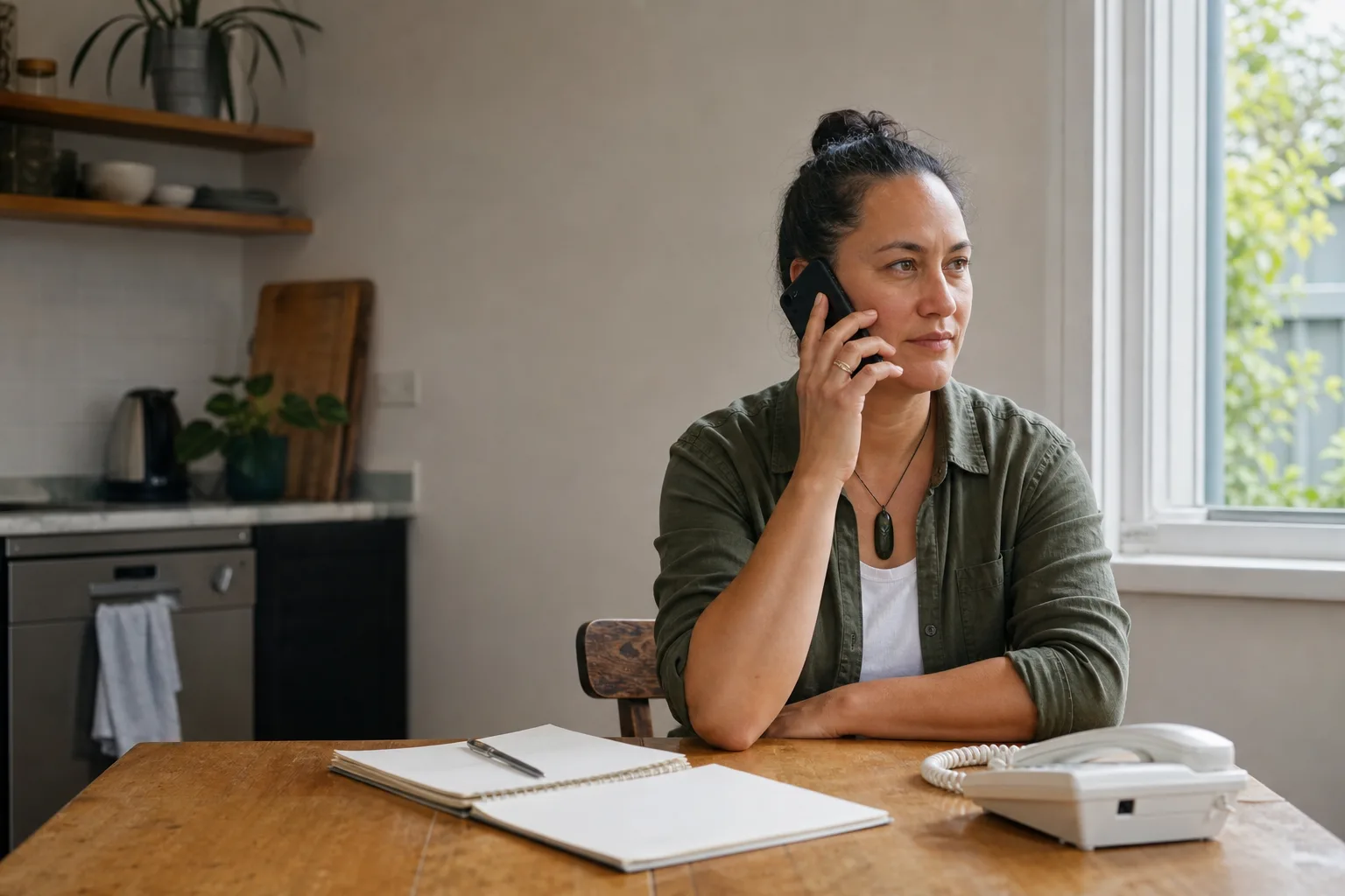 A small-business owner testing call forwarding from a kitchen-table workspace with a notebook ready.